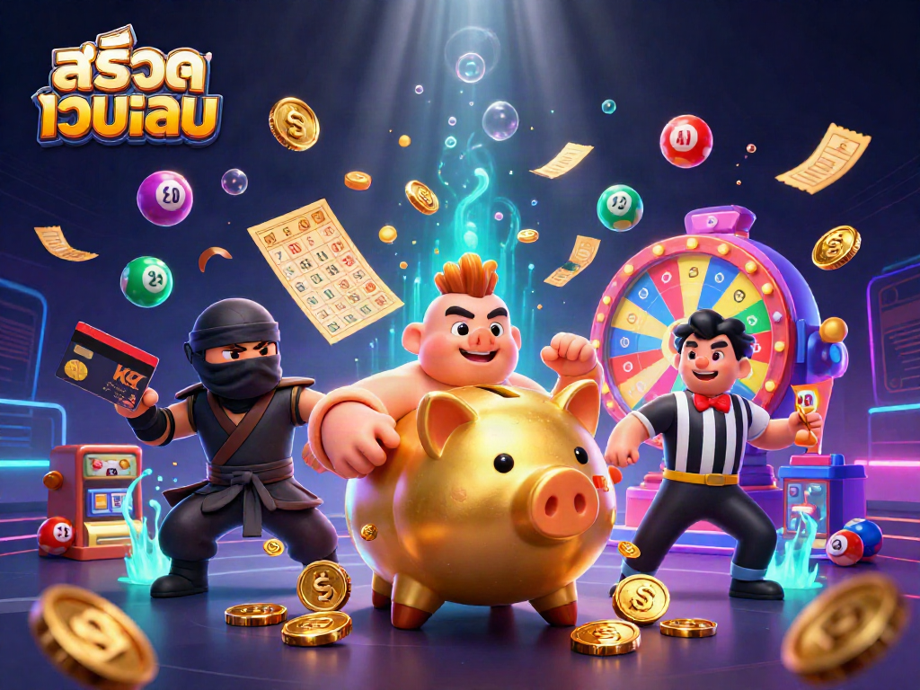 Experience exciting gaming with สล็อตเว็บตรง, featuring a golden piggy bank sumo wrestler and vibrant casino elements.