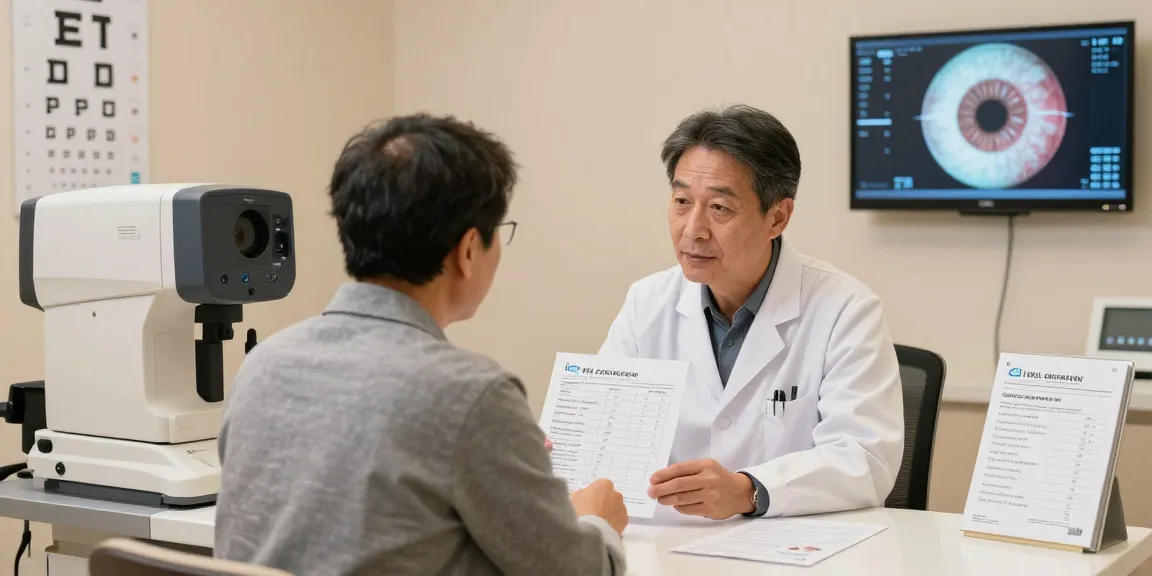 Patient discussing ICL cataract risk with ophthalmologist in modern clinic.