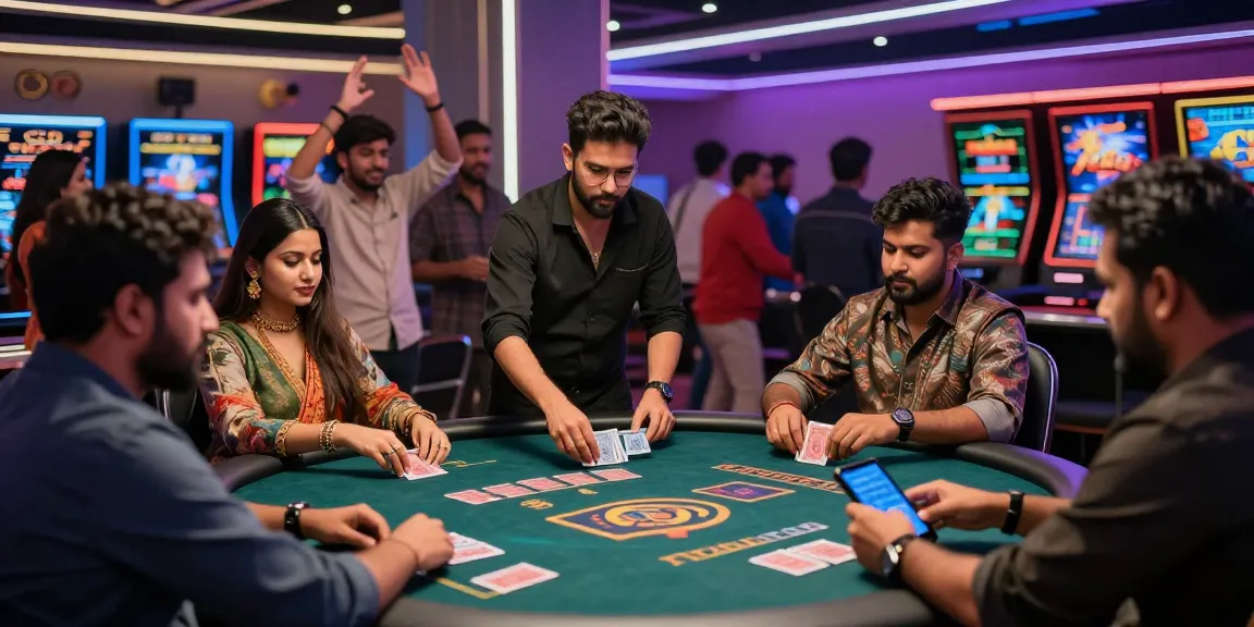 Exciting scene of players enjoying the andar bahar game in a lively casino environment with dealers and mobile betting.