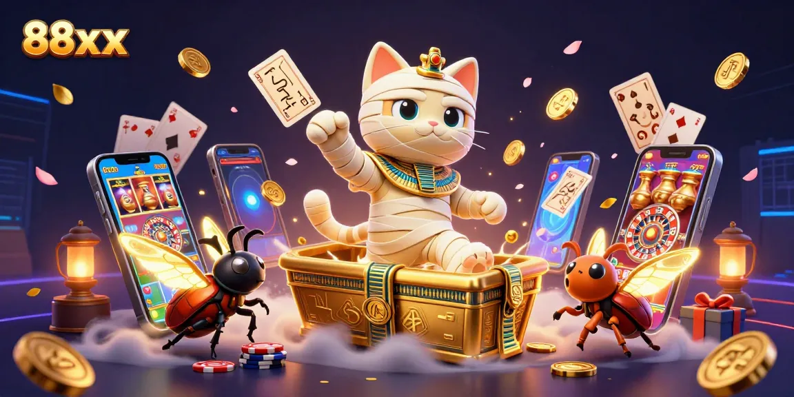 Spin colorful slot games with the dynamic Egyptian mummy cat, 88xx casino adventure.