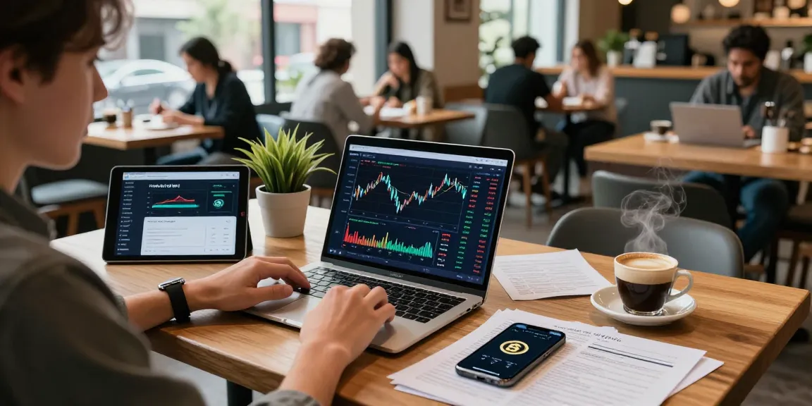 Cricbet99 user analyzing cryptocurrency market trends in a modern coffee shop.
