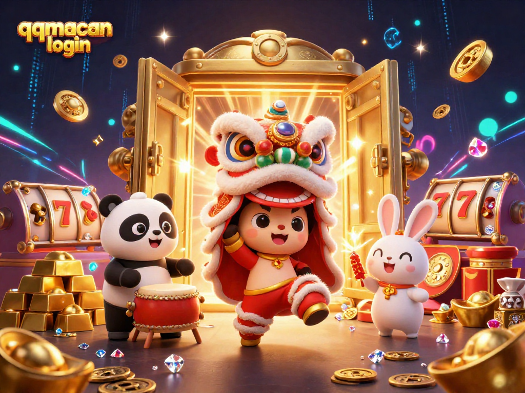 Experience the excitement of qqmacan login with a vibrant 3D illustration featuring a lively casino scene.