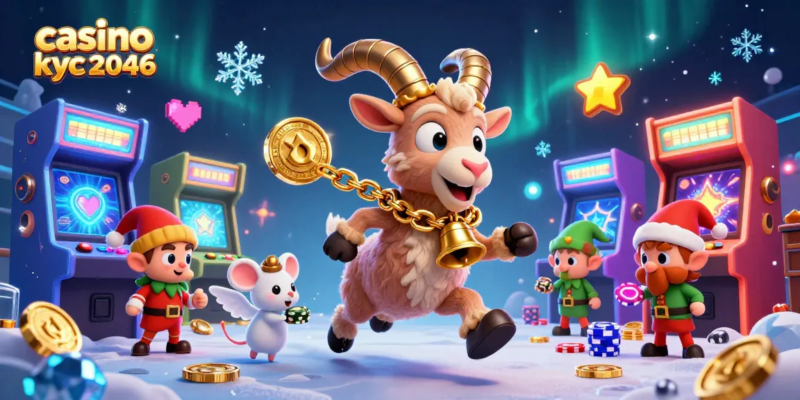 Le casino sans kyc 2046 en action avec un Krampus 3D et des elfes, échangeant des jetons multicolores.