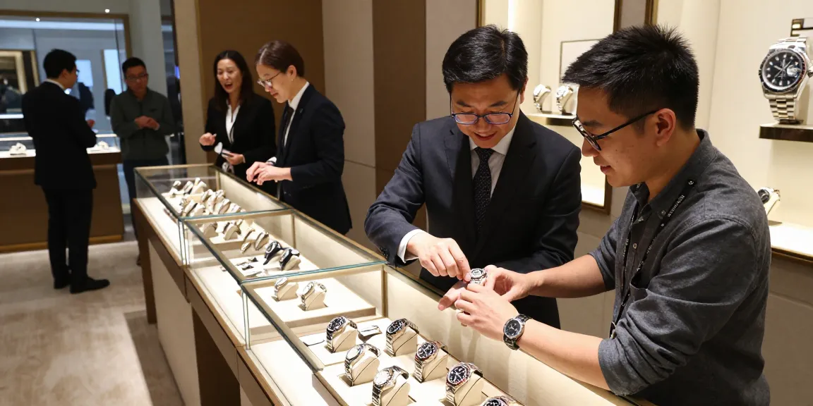 Elegant display of rolex super clone watches in a luxurious watch store