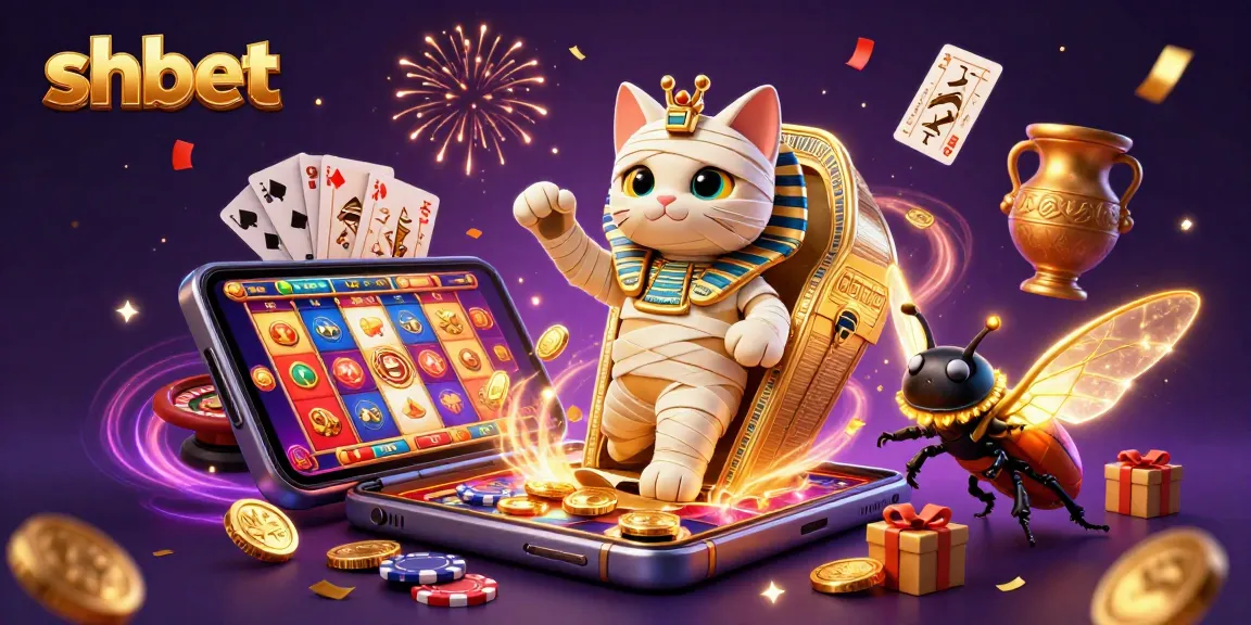 Engage with shbet's casino thrills through a vibrant 3D illustration featuring an Egyptian mummy cat and gaming elements.