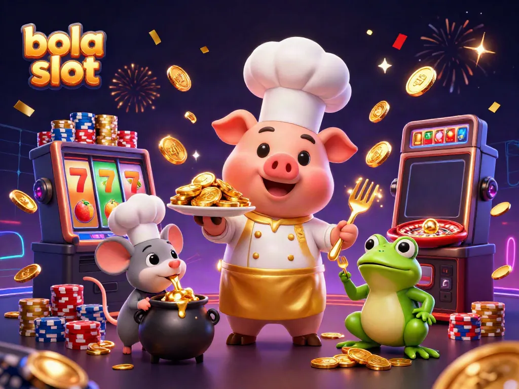 Engage in the vibrant bola slot experience with a chef pig, gold coins, and slot reels.