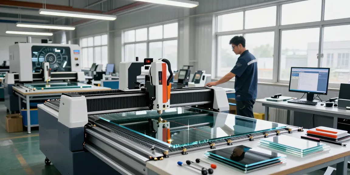 CNC glass cutting machine in a modern workshop with a technician operating advanced equipment for precision glass processing.