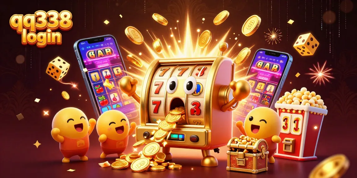 Experience excitement in QQ338 login, where a golden slot machine celebrates its jackpot victory amidst flying coins.