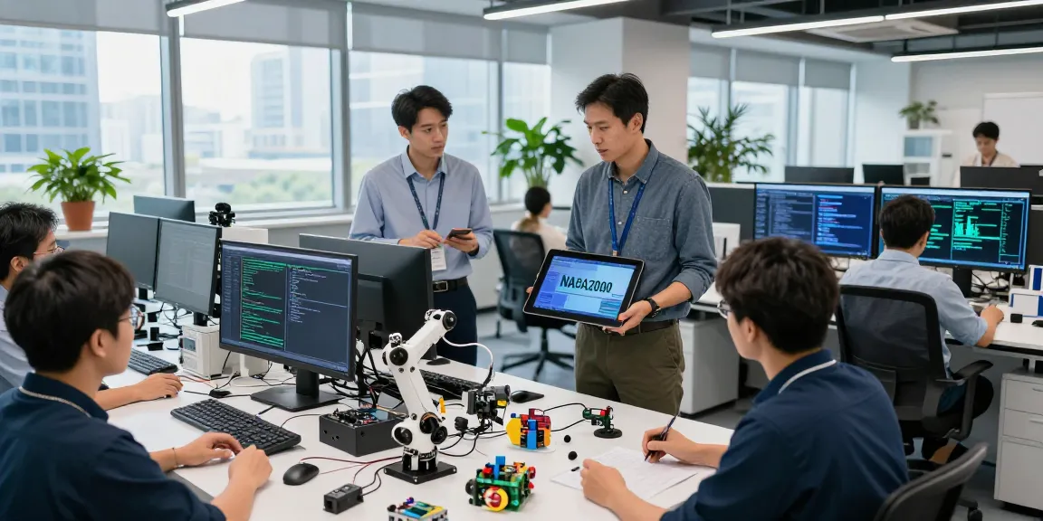 NAGA2000 technology team collaborating in a bright lab environment showcasing innovative prototypes.
