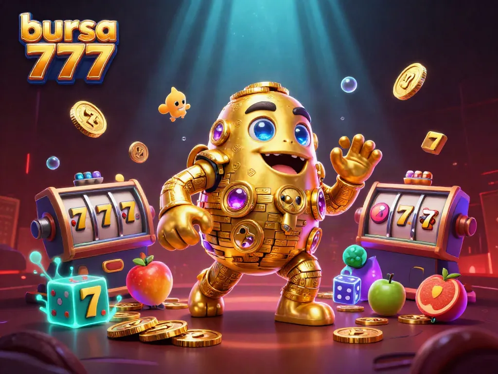 Gambaran slot menarik di bursa 777 dengan banyak simbol jackpot dan karakter menonjol.
