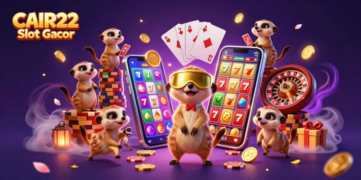 CAIR22 Slot Gacor menawarkan suasana kasino meriah dengan meerkat yang lucu dan elemen slot yang menarik.