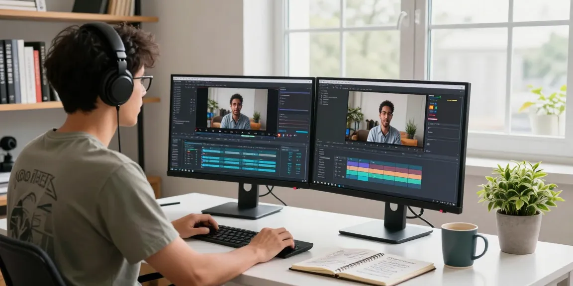 Video prompt AI usage in a creative workspace, professional editing video content with dual monitors.