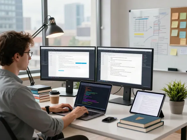 Pengembang bekerja di ruang IT dengan layar menampilkan PG server, suasana modern dan profesional.