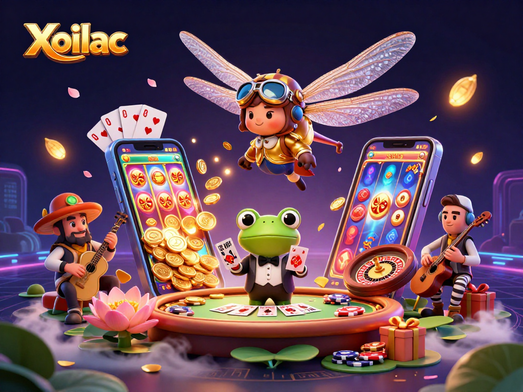 Xoilac features a vibrant casino scene with a dragonfly pilot and frog croupier dealing cards.