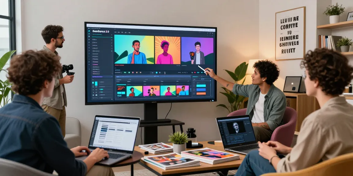 Collaborative professionals exploring Seedance 2.0 video creation in a modern studio.