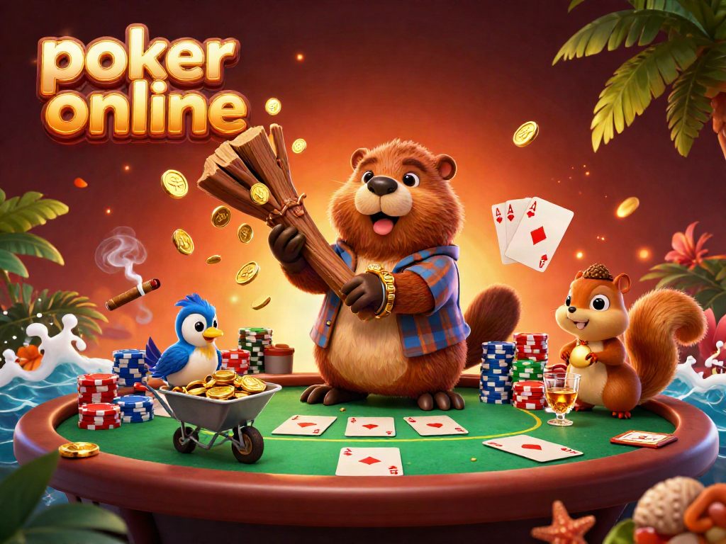 Experience thrilling poker online with vibrant cartoon beavers and gold coins raining down.