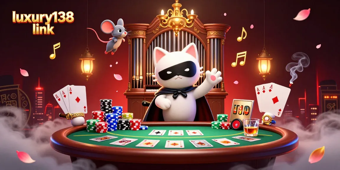 Experience the excitement of Luxury138 link with a vibrant casino scene featuring acrobatic characters and poker elements.