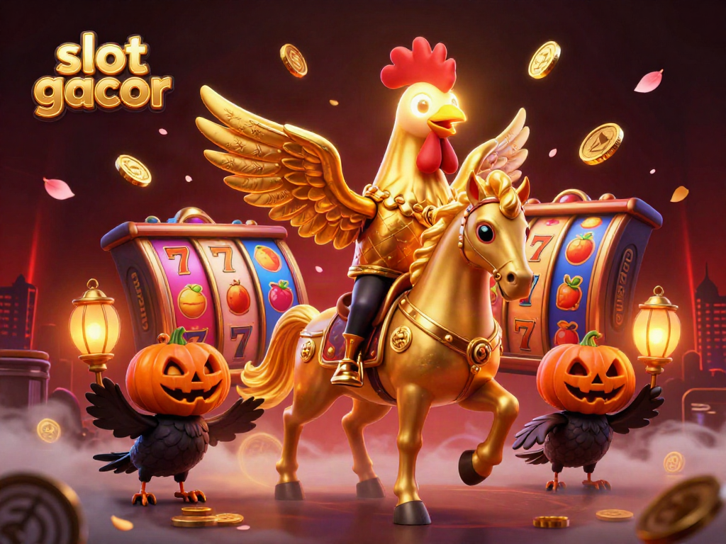 Experience thrilling gaming with slot gacor, featuring a golden rooster and vibrant slot reels.
