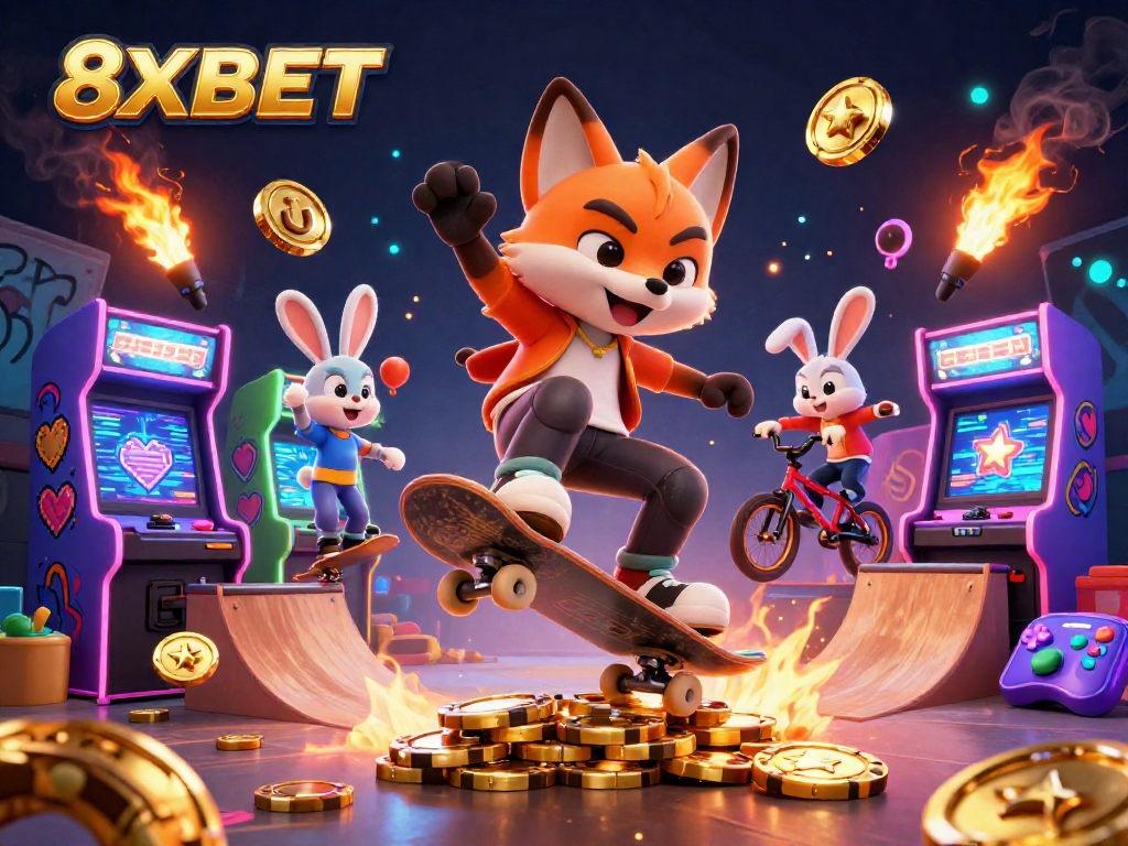 Experience thrilling action with 8XBET's vibrant casino world featuring animated characters and casino elements