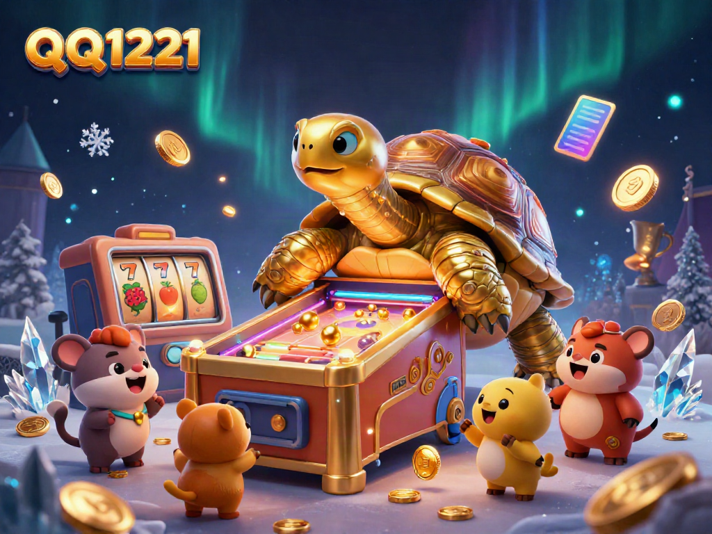 Spin and win on QQ1221 as lively cartoon animals cheer around a magical slot machine scene.