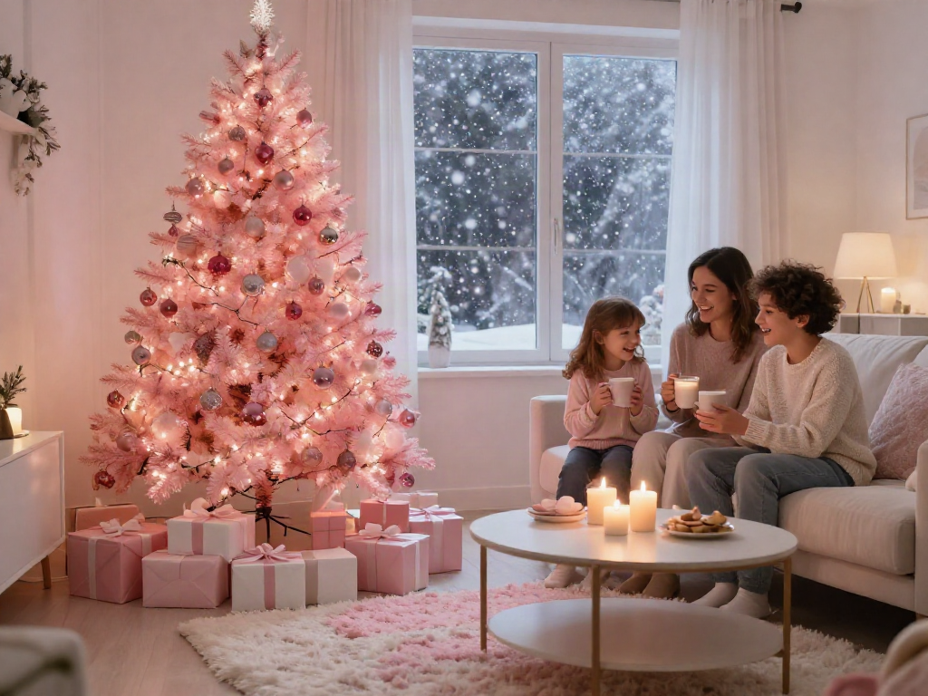 Pink xmas tree adorned with ornaments in a cozy decorated living room, creating a festive atmosphere.