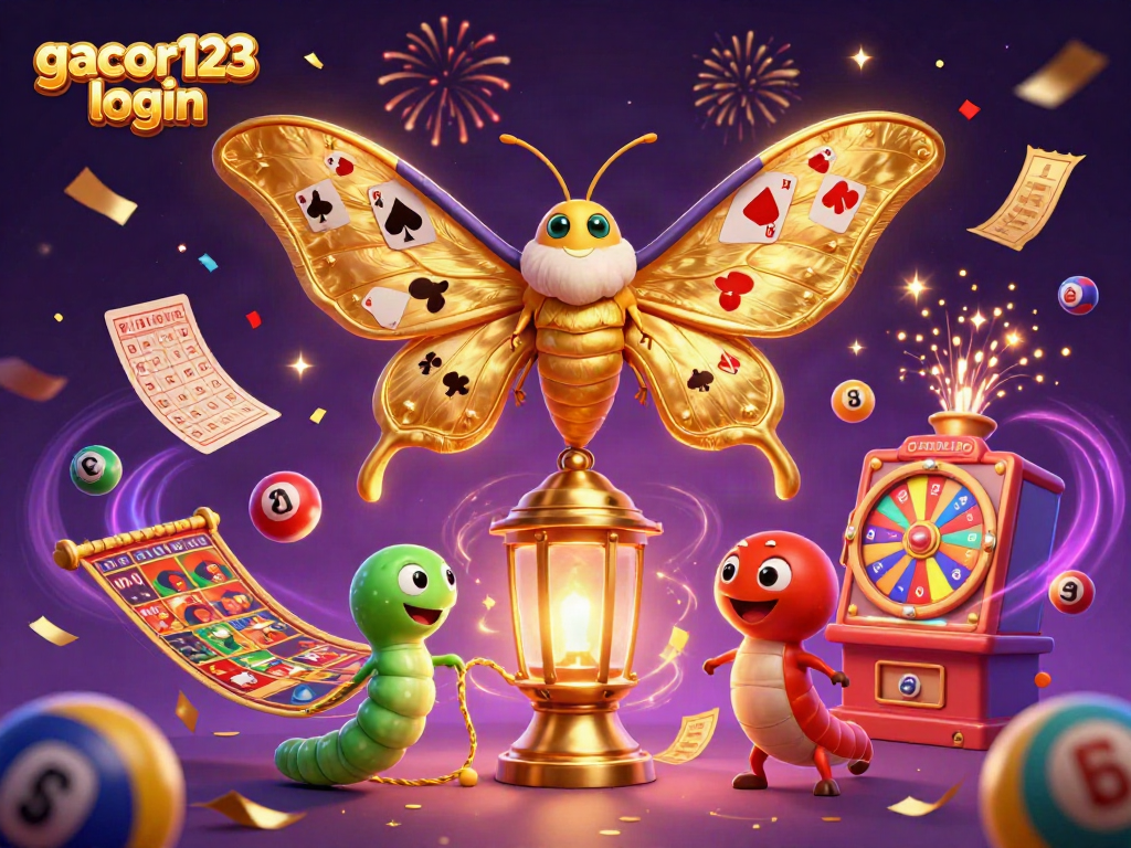 Engage with gacor123 login featuring colorful lottery elements and a majestic casino moth in action.