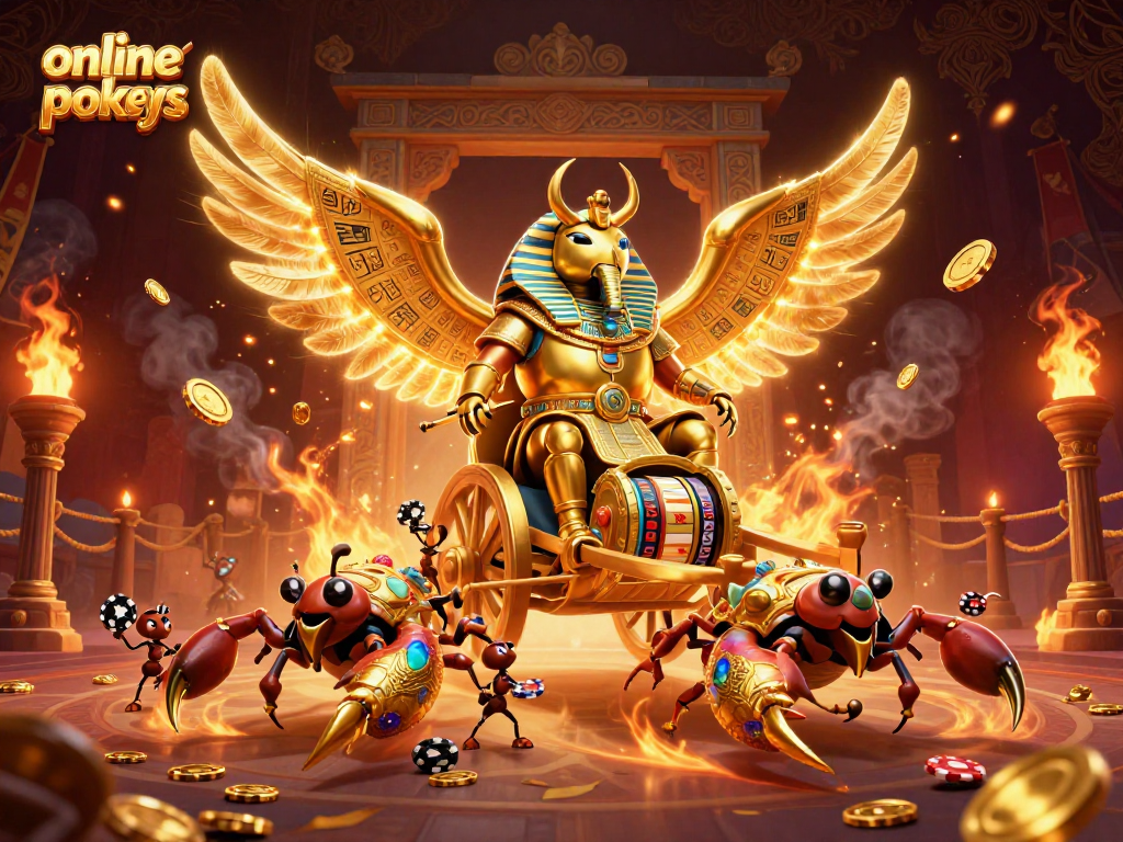 Play online pokies with a vibrant scene featuring a golden scarab beetle and dynamic casino elements.