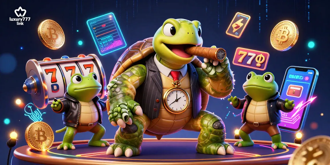 Experience luxury777 link with a vibrant casino scene featuring a stylish turtle mobster and bullfrog enforcers.