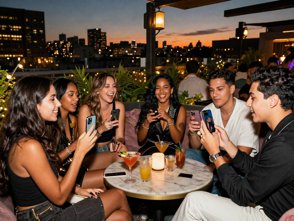 Celebrities that look alike showcased at a vibrant rooftop gathering with friends sharing photos and cocktails.
