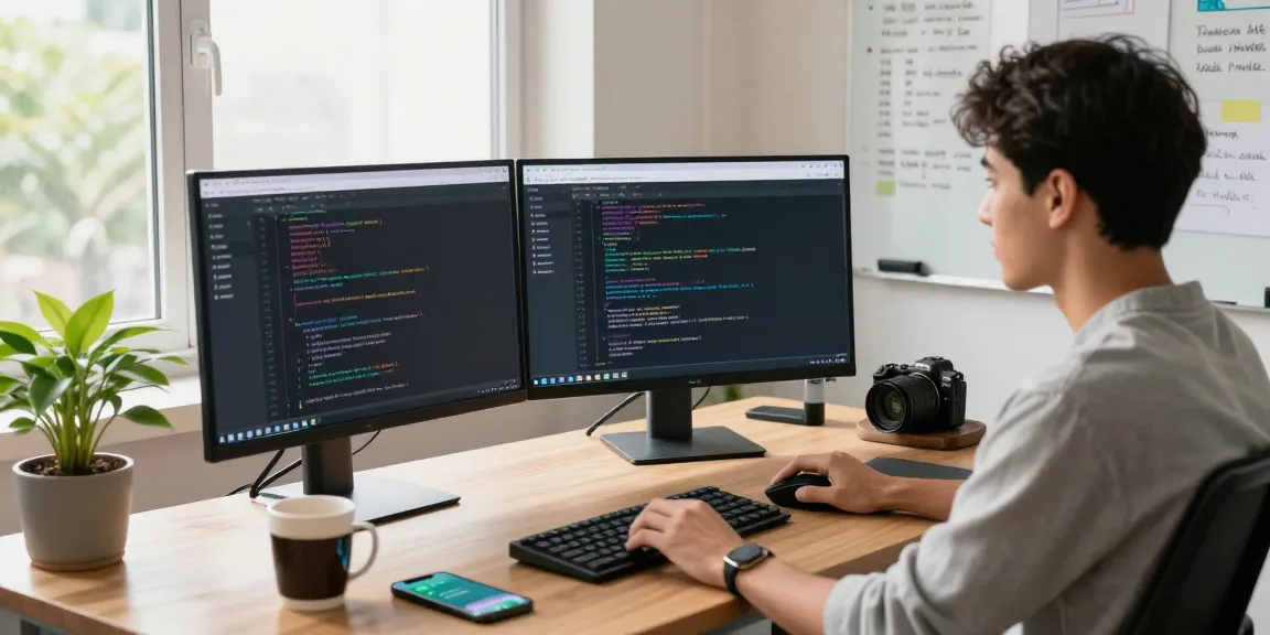 Developer using WhatsApp網頁版 on dual monitors in a modern workspace.