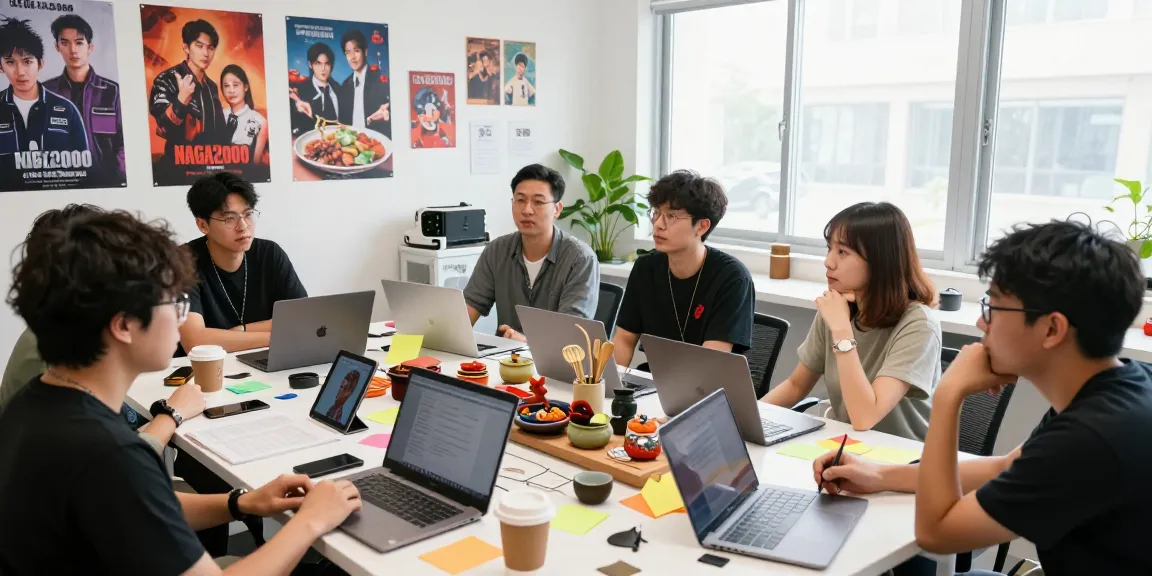 Creative team discussing Asian culture at https://hanadultalk.com with vibrant notes and traditional props.