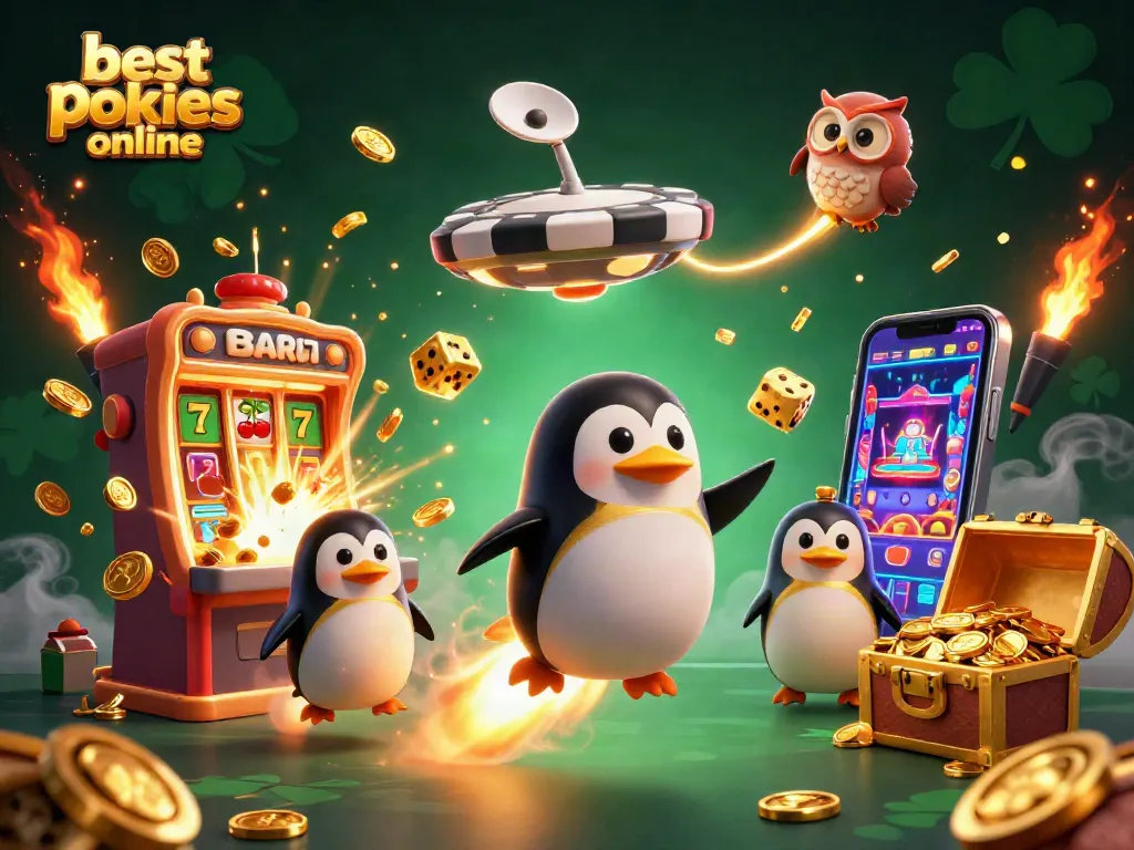 Experience the excitement of best pokies online with a golden penguin and festive casino elements.