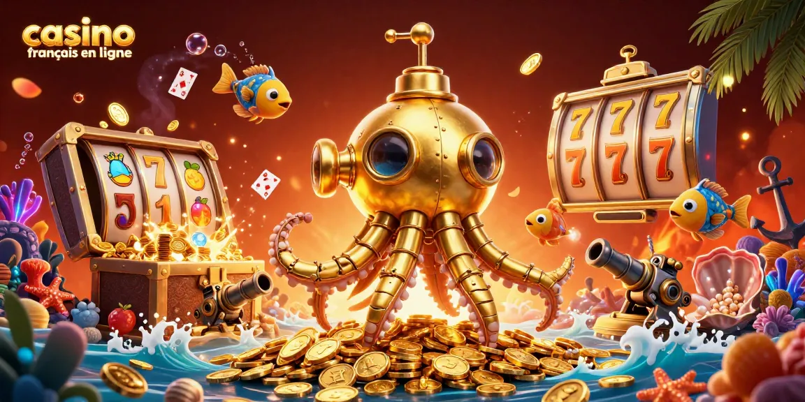 Découvrez un casino français en ligne vibrant avec un kraken doré et des machines à sous, entouré de trésors sous-marins.