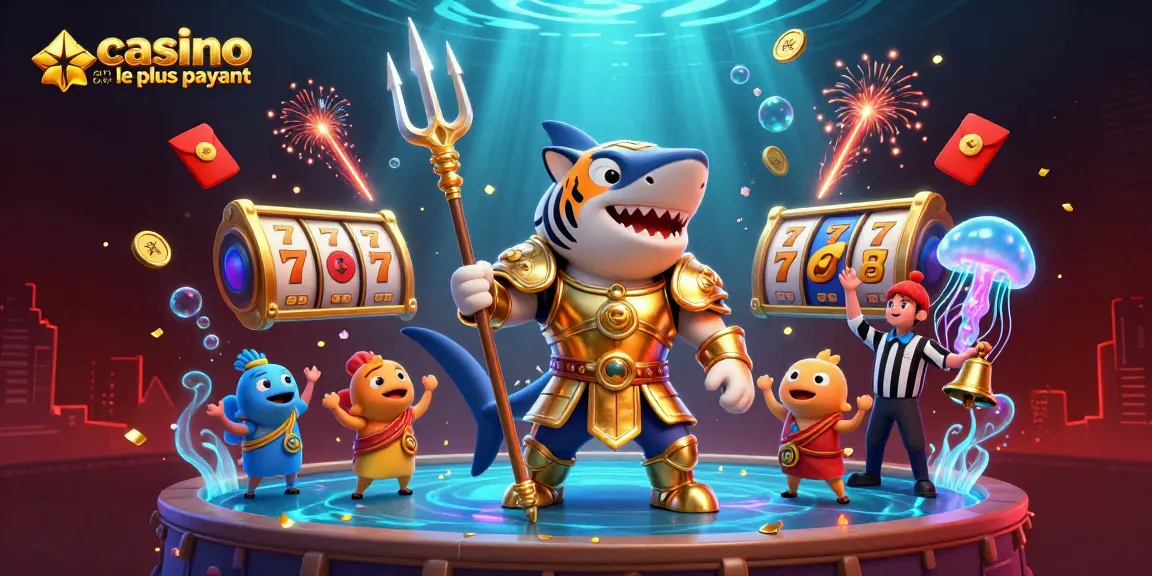 Casino en ligne le plus payant : illustrez un casino avec requin en armure dorée et des éléments de jeu.