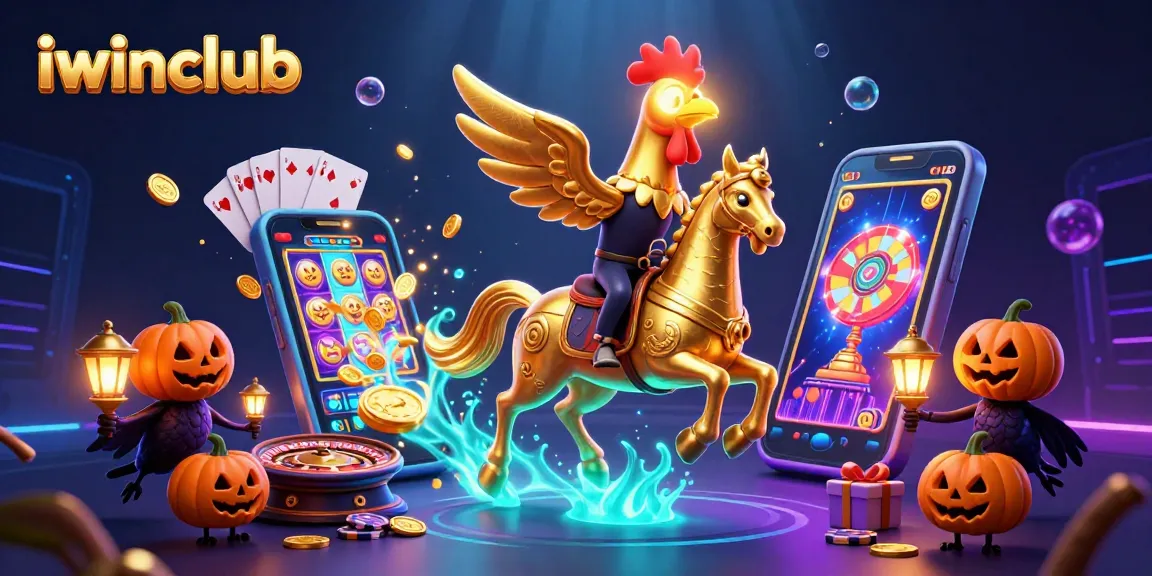 Play thrilling games at iwinclub, featuring a golden rooster in a vibrant casino scene.
