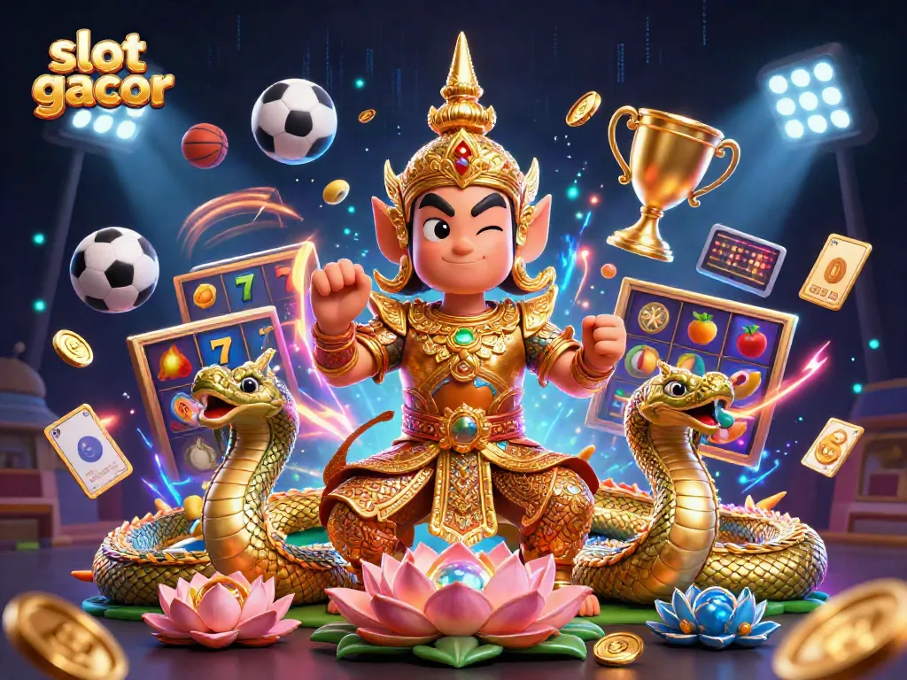 Memainkan slot gacor dengan simbol keberuntungan dan elemen kasino menampilkan penjaga kuil dan naga bersinar.