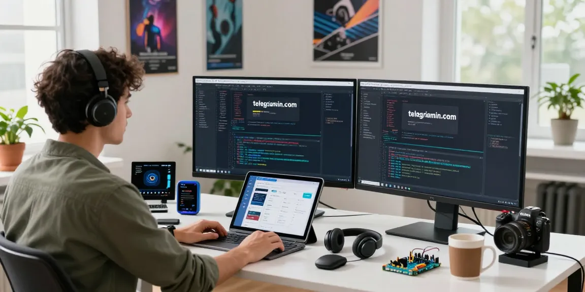 Developer at a tech workspace showcasing telegraimin.com applications in a dynamic environment.