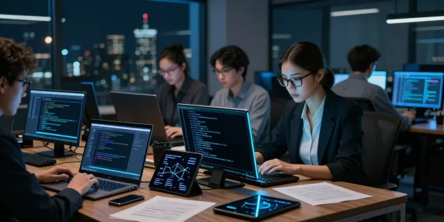 Cybersecurity experts analyzing data related to the hidden wiki dark web, emphasizing teamwork and technology.