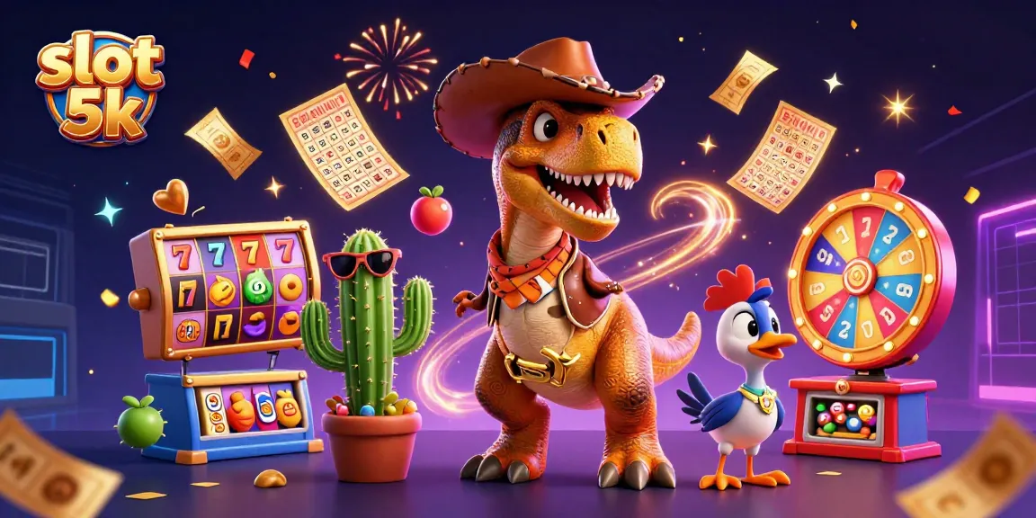Experience thrilling slot 5k action with a lively scene featuring a T-Rex, slot reels, and jackpot symbols.