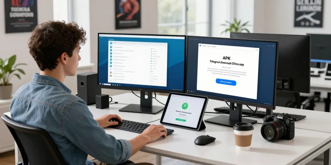 Developer using dual monitors to access telegram android china apk download in a modern workspace.