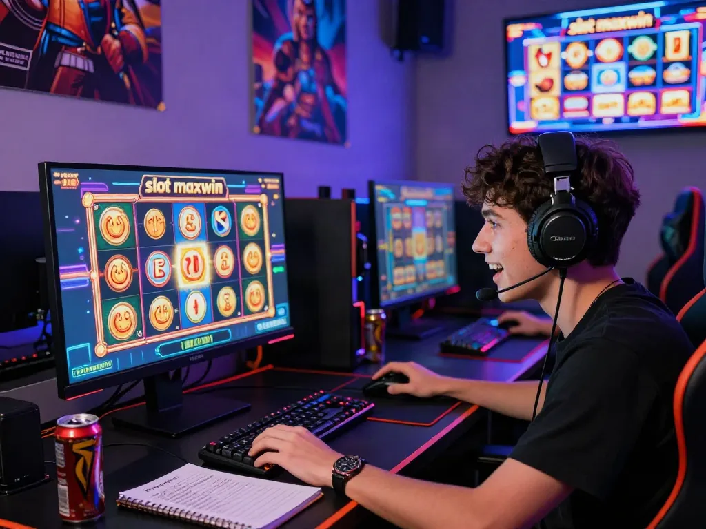 Excited gamer playing slot maxwin game on computer in a vibrant gaming room.
