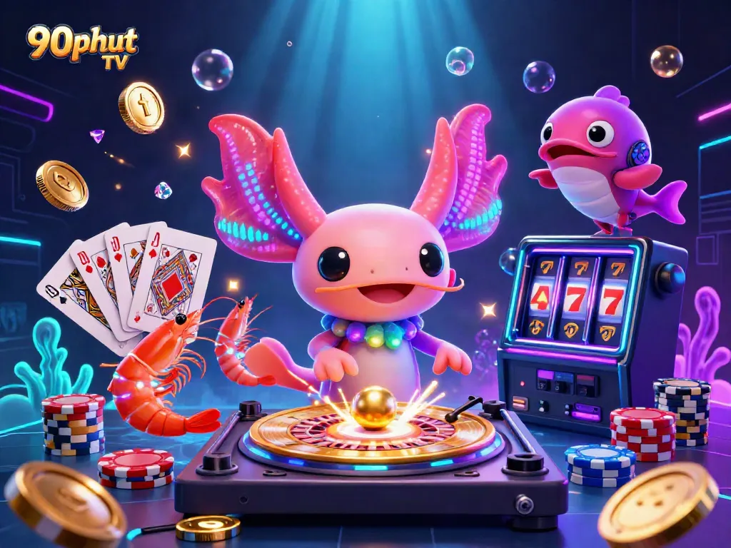 Experience dynamic gambling excitement with 90phut TV in this colorful 3D illustration.