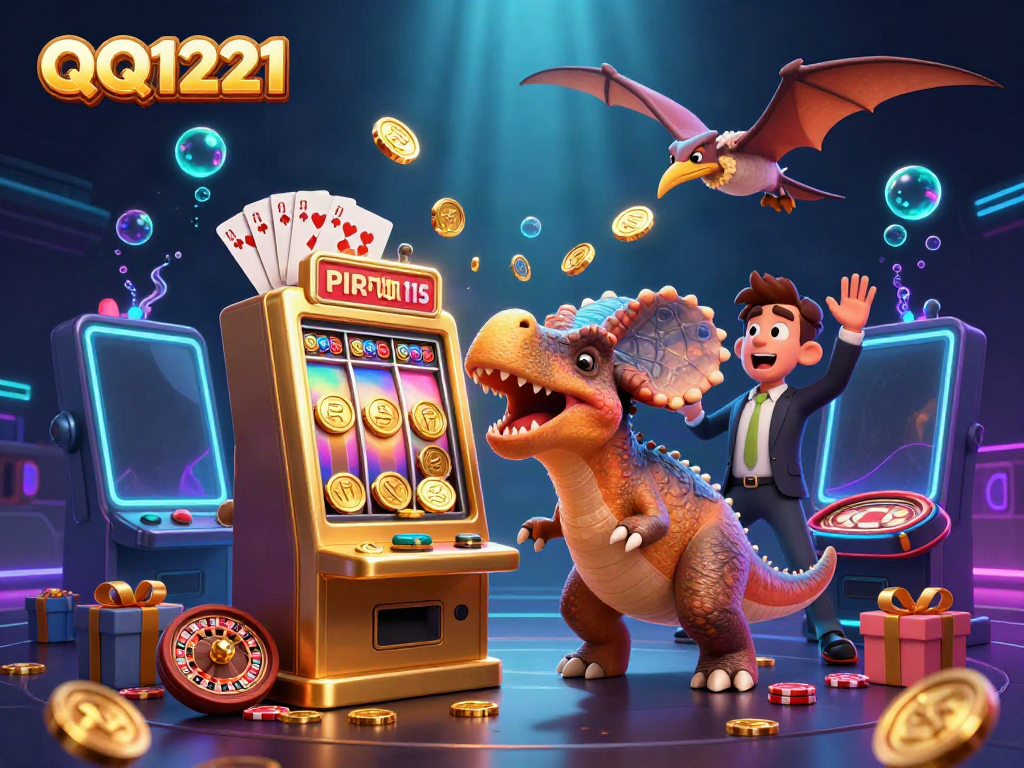 Experience the excitement of QQ1221 as a pachycephalosaurus activates a jackpot slot, surrounded by thrilling casino elements.