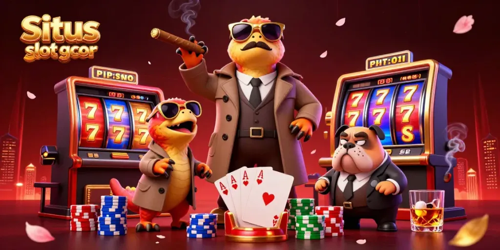 Situs slot gacor scene with raptors in trench coat attempting casino entry, lively gambling elements