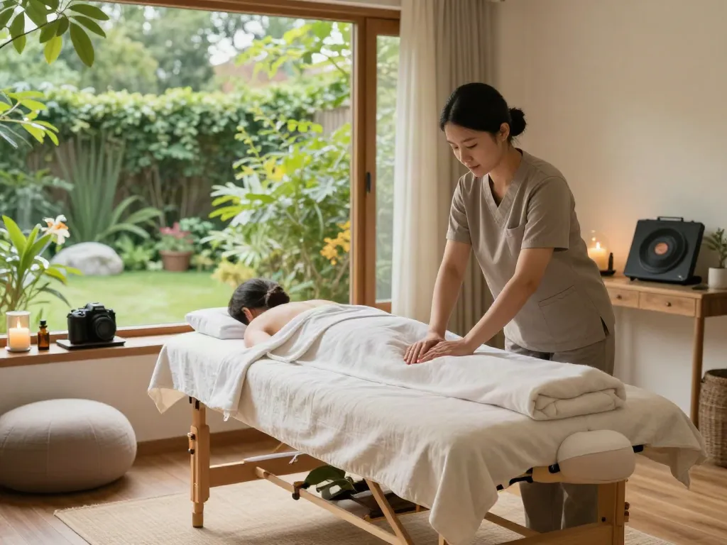 안산출장마사지 serene home massage studio with natural light and calming ambiance