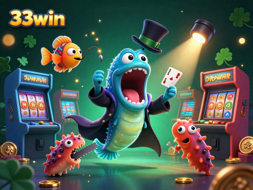 Experience vibrant casino action with 33win characters performing magic tricks in a colorful arcade.
