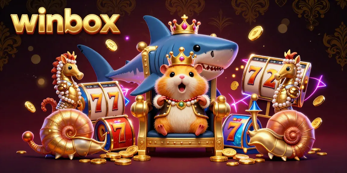 Experience the thrill of winning at winbox, featuring a golden hamster king with jackpot slot reels and vibrant casino elements.