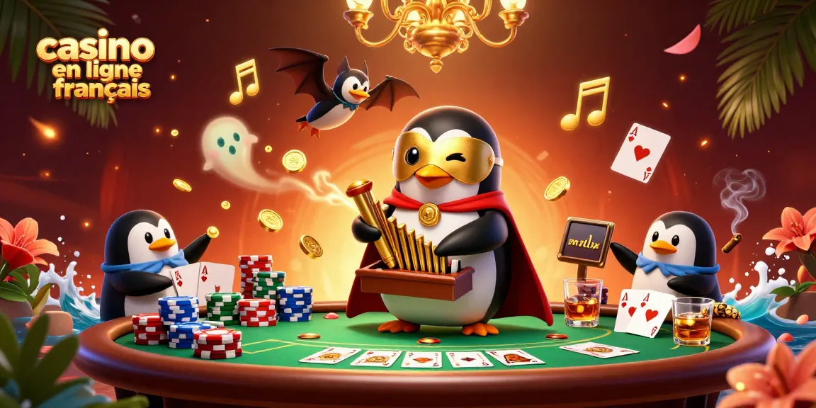 Jouez au casino en ligne français avec un pingouin magique, des pièces d'or et des cartes de poker.