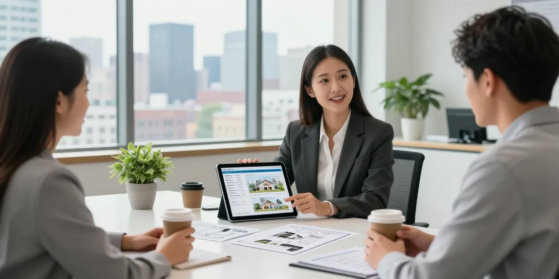 Real estate agent engaging with clients at https://coventryat7.co.uk/ showcasing properties in a modern office.