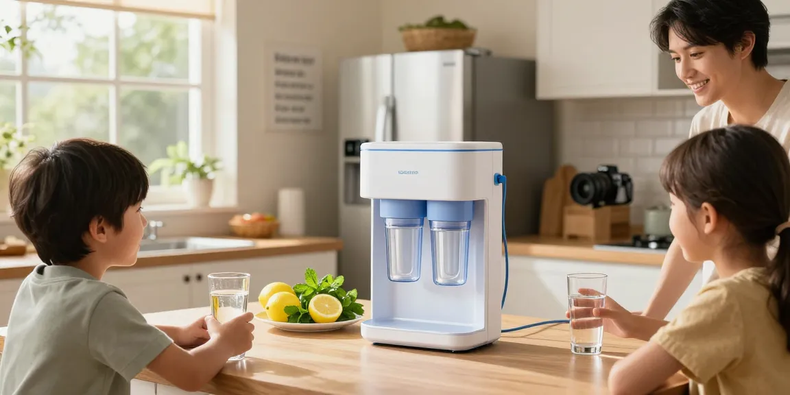 Family enjoying fresh alkaline water from the Waterdrop Alkaline DA97-17376B Water Filter in a bright home kitchen.